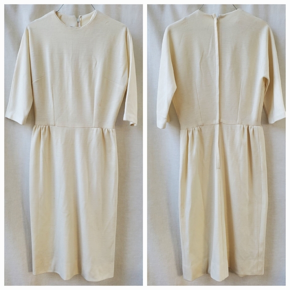 Vintage Dresses & Skirts - Vintage 1950s 1960s Cream 3/4 Sleeve Knit Wiggle Dress